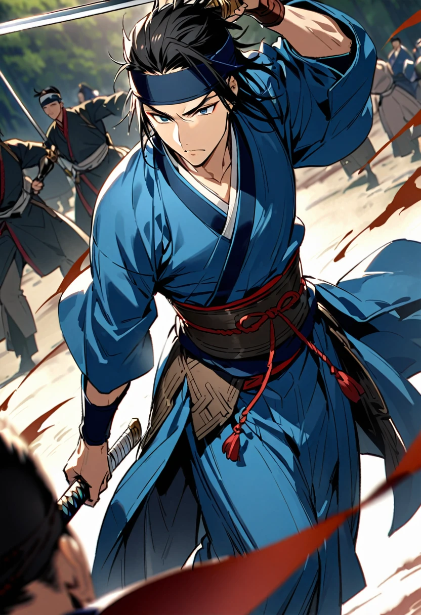 Japanese men、Swordsmanship、Handsome、He had a long spear、End of the Edo period、Shinsengumi、Light blue kimono、One person、wild、headband