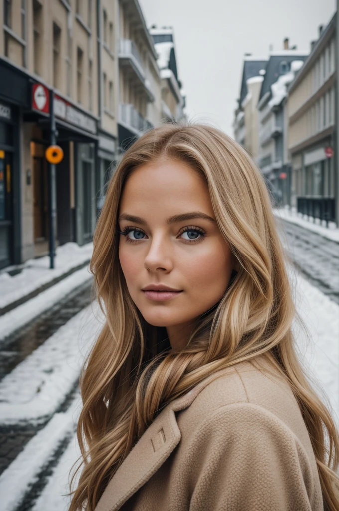 proFessional portrait photograph oF a gorgeous Norwegian girl in winter clothing with long wavy blonde hair, sultry Flirty look, gorgeous symmetrical Face, joli maquillage naturel, wearing élégant warm winter Fashion clothing, ((debout dehors dans une rue enneigée de la ville)), superbe environnement urbain moderne, ultra réaliste, art conceptuel, élégant, très détaillé, complexe, sharp Focus, depth oF Field, F/1. 8, 85mm, Coup moyen, plan médian, (((proFessionally color graded))), bright soFt diFFused light, (volumetric Fog), tendance sur Instagram, hdr 4k, 8k