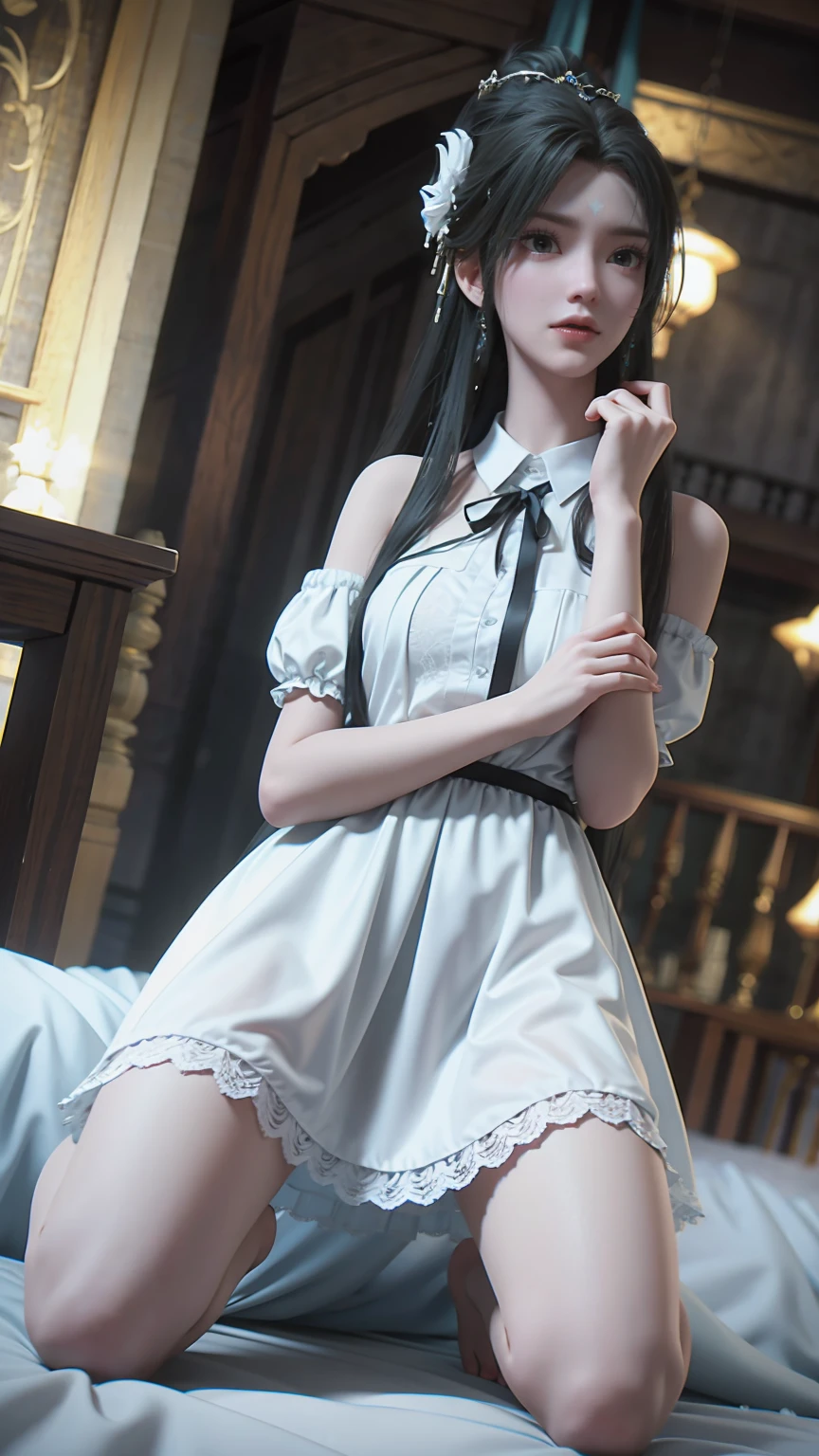 best quality,masterpiece,The Ultimate Solution,Fluffy,Extremely colorful,Mature beautiful woman,(Dress school uniform),Lace skirt,(Beautiful woman beheaded),Normal posture,(Kneeling),Kneeling on the bed,shackles,Beheading,collar,White stockings ,barefoot,Normal posture