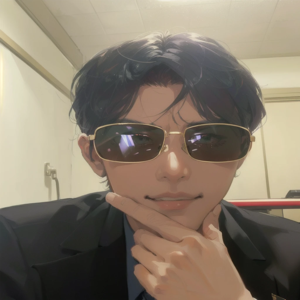 there is a man wearing sunglasses and a suit and tie, with sunglass, taken in the early 2020s, tomohiro shimoguchi, wearing versace sunglasses, ramil sunga, 8k selfie photograph, thawan duchanee, msxotto, with sunglasses, wearing gold glasses, victor ngai, in style of kentaro miura