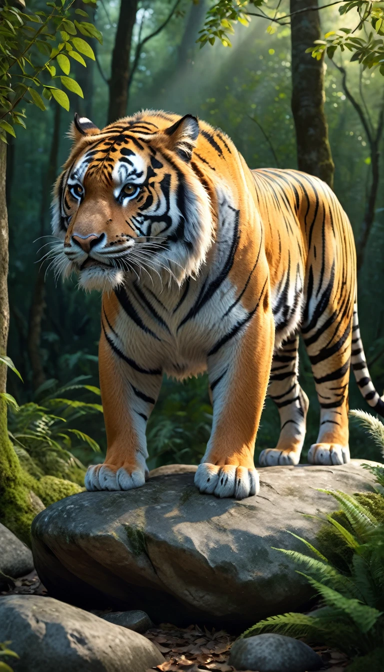 Panoramic side view,A wild beast crouched on a rock in the forest,The body of a tiger,The tail of the cow(best quality,4K,8K,High level,masterpiece:1.2),Ultra Detailed,(lifelike,Photo real,Photo real:1.37),Highly detailed animals,Complex patterns,Realistic lighting,Fantasy Creatures