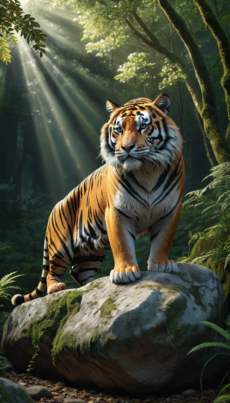 Panoramic side view,A wild beast crouched on a rock in the forest,The body of a tiger,The tail of the cow(best quality,4K,8K,High level,masterpiece:1.2),Ultra Detailed,(lifelike,Photo real,Photo real:1.37),Highly detailed animals,Complex patterns,Realistic lighting,Fantasy Creatures