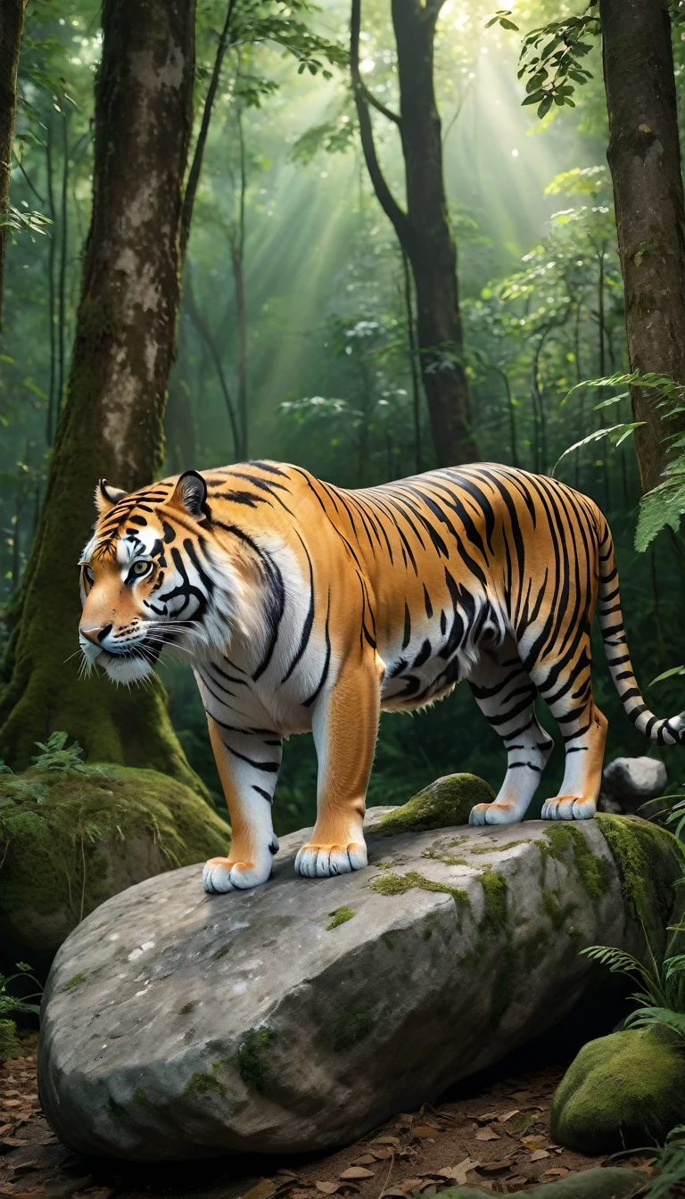 Panoramic side view,A wild beast crouched on a rock in the forest,The body of a tiger,The tail of the cow(best quality,4K,8K,High level,masterpiece:1.2),Ultra Detailed,(lifelike,Photo real,Photo real:1.37),Highly detailed animals,Complex patterns,Realistic lighting,Fantasy Creatures