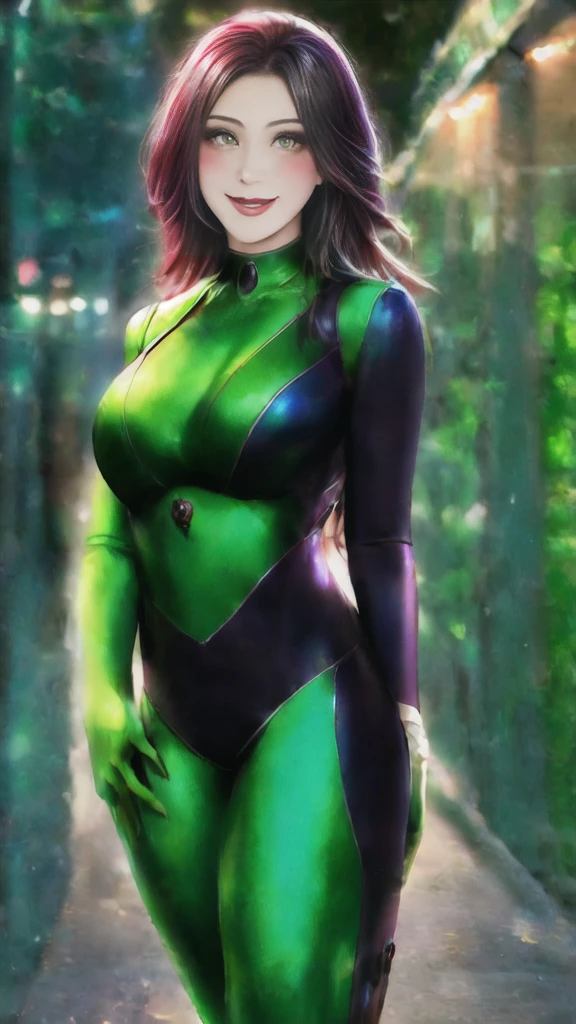 1girl, portrait of beautiful shegolady, green bodysuit, smile, blush, black lips, outdoors, volumetric lighting, best quality, masterpiece, intricate details, tonemapping, sharp focus, hyper detailed, trending on Artstation, realistic