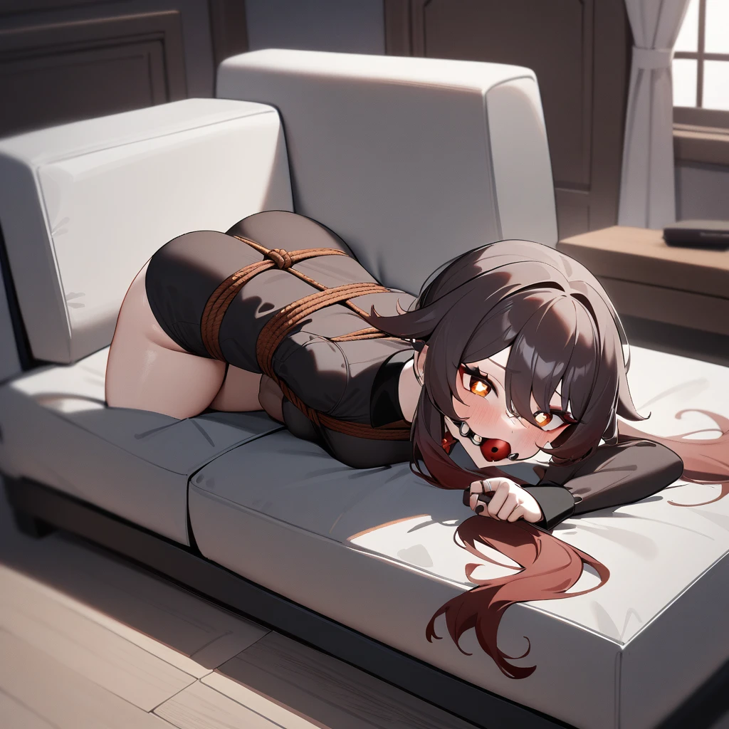 1girl, hu tao \(genshin impact\), genshin impact,living room,lying on a sofa, bondage,gaged,ballgag,rope,hand behind back,masterpiece,very aesthetic,newest,