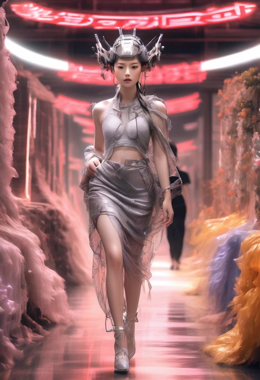 Optimal image, (8K, RAW photo, Realistic), Delicate and delicate brushstrokes and gorgeous and dynamic painting techniques, A full-body photo of a fashion model,A fashion runway for alien technology , vogue photography , Inspired by Chinese Xianxia and cyberpunk。(Best quality,4K,8K,A high resolution,Masterpiece:1.2), (Realistic,Photorealistic,photo-realistic:1.37).
