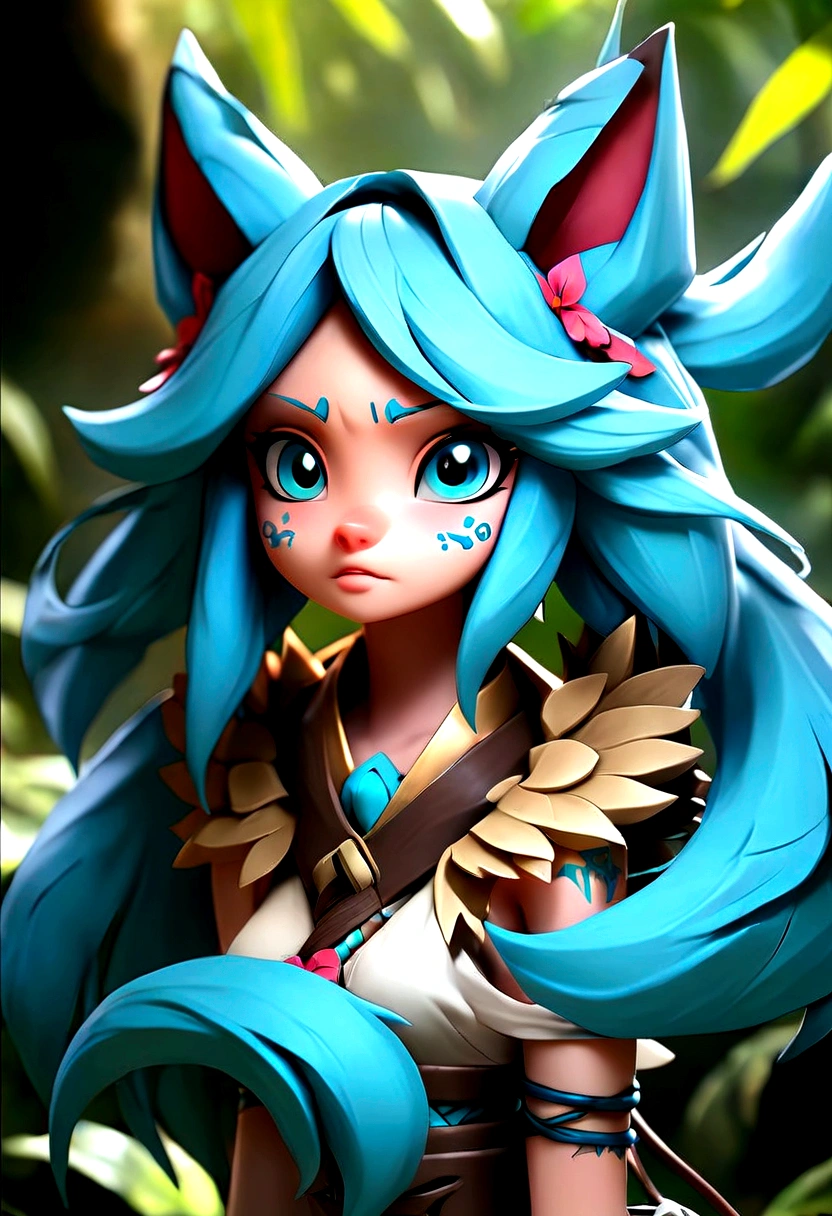 Miku Hatsune, add high definition add_detail:1, blue fur,kitsune ears, tribal tattoo add_detail:1, in a ruins in the jungle, barefoot, tribal costume add_details:1, giant aqua feather wings add_detailsl:1 ,alas hermosas la mejor calidad y detail en las plumas, add blue saturation light_detailsl 