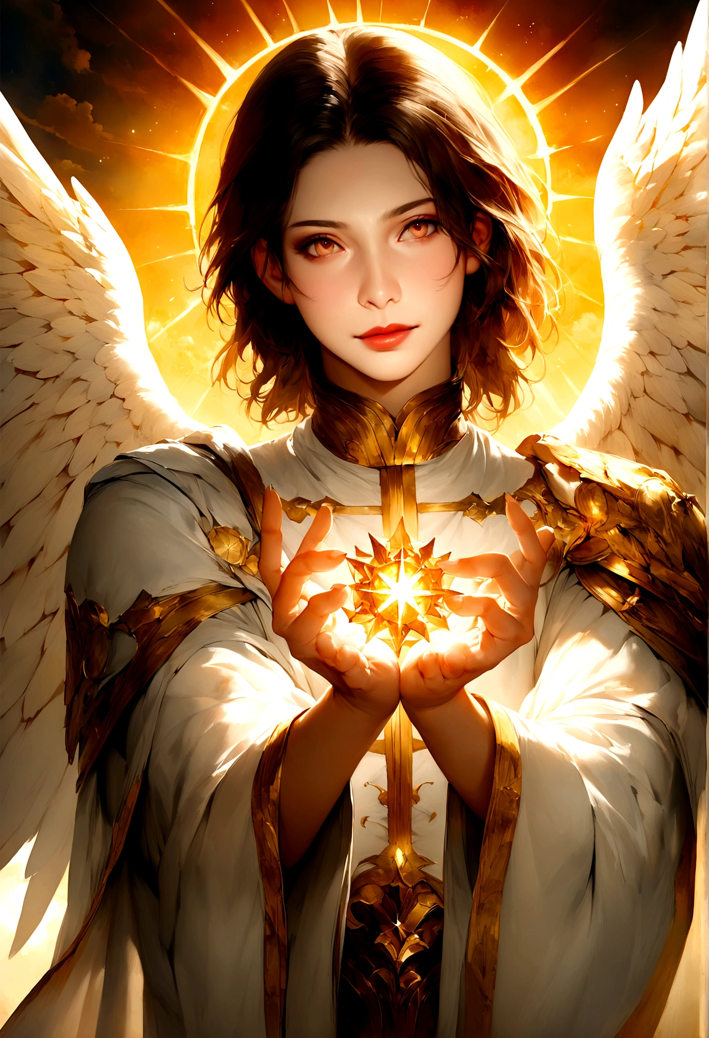 Archangel Michael, Mini character,Archangel MichaelMini character,The most powerful and merciful of the Archangels in divinity, It has a majestic appearance. He is tall, With hair as golden as the sun. White wings purer than the most pristine clouds rose from his shoulders.々It was growing., It shines brighter than even the brightest stars.. Your eyes, Deep and calm, When his presence emanated an aura of calm and power.. .  His face is calm, Move your fingers down to grab the paper,Fingers Down,Put one arm down,Often smiles with an aura of warmth and comfort, dynamic, Image Enhancement, Shape of a dream, Vibrant, Realistic Face, Highest quality, Deluxe, A sharply focused masterpiece.