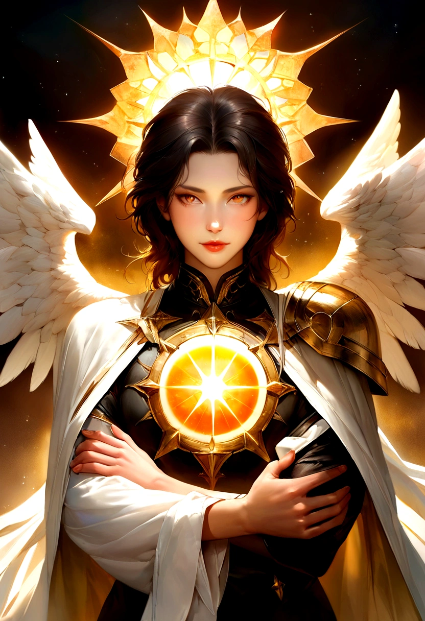 Archangel Michael, Mini character,Archangel MichaelMini character,The most powerful and merciful of the Archangels in divinity, It has a majestic appearance. He is tall, With hair as golden as the sun. White wings purer than the most pristine clouds rose from his shoulders.々It was growing., It shines brighter than even the brightest stars.. Your eyes, Deep and calm, When his presence emanated an aura of calm and power.. .  His face is calm, Move your fingers down to grab the paper,Fingers Down,Put one arm down,Often smiles with an aura of warmth and comfort, dynamic, Image Enhancement, Shape of a dream, Vibrant, Realistic Face, Highest quality, Deluxe, A sharply focused masterpiece.