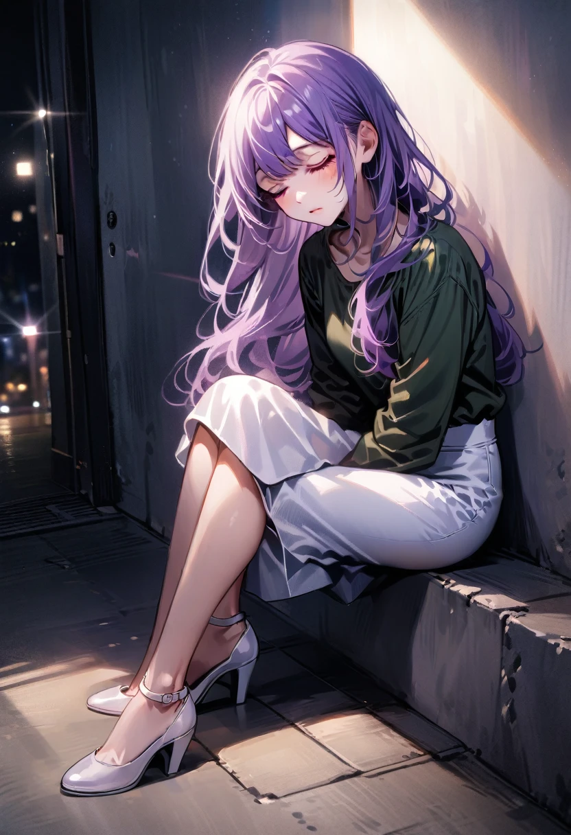 realistic anime illustration, (1girl, solo, full body), (realistic detailed eyes, natural skin texture, realistic face details), soft dramatic lighting, depth of field, bokeh, vibrant details, finely detailed, BREAK, (ai hoshino, purple long hair, bangs, silver hair), (wearing dark olive-green top, white pencil skirt, white heels), sitting, sleeping, leaning against apartment room 's wall, (closed eyes),
BREAK, (dark olive-green top, white pencil skirt, white heels)