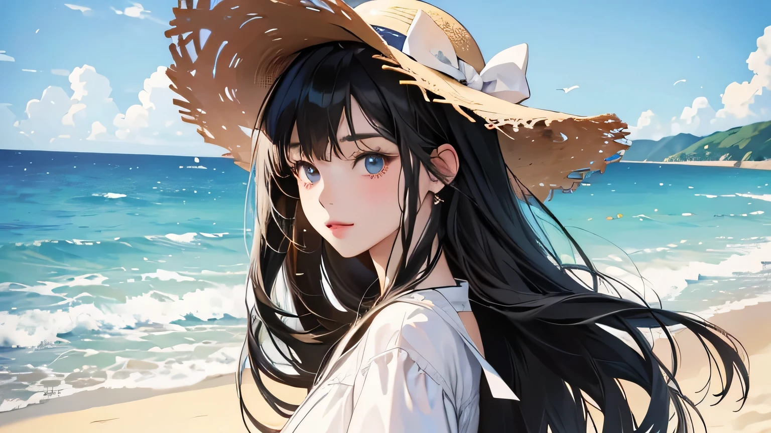 A young woman with long black hair wearing a white dress and a straw hat on the beach in summer, Realistic anime art style, Beautiful anime portraits, Digital anime illustration, Realistic anime art style, Anime Moe Art Style, Cute girl anime visuals, Cartoon young woman standing on the beach in summer, Young Anime Girl, Attractive anime girl, Anime style portrait, Gweiz-style artwork