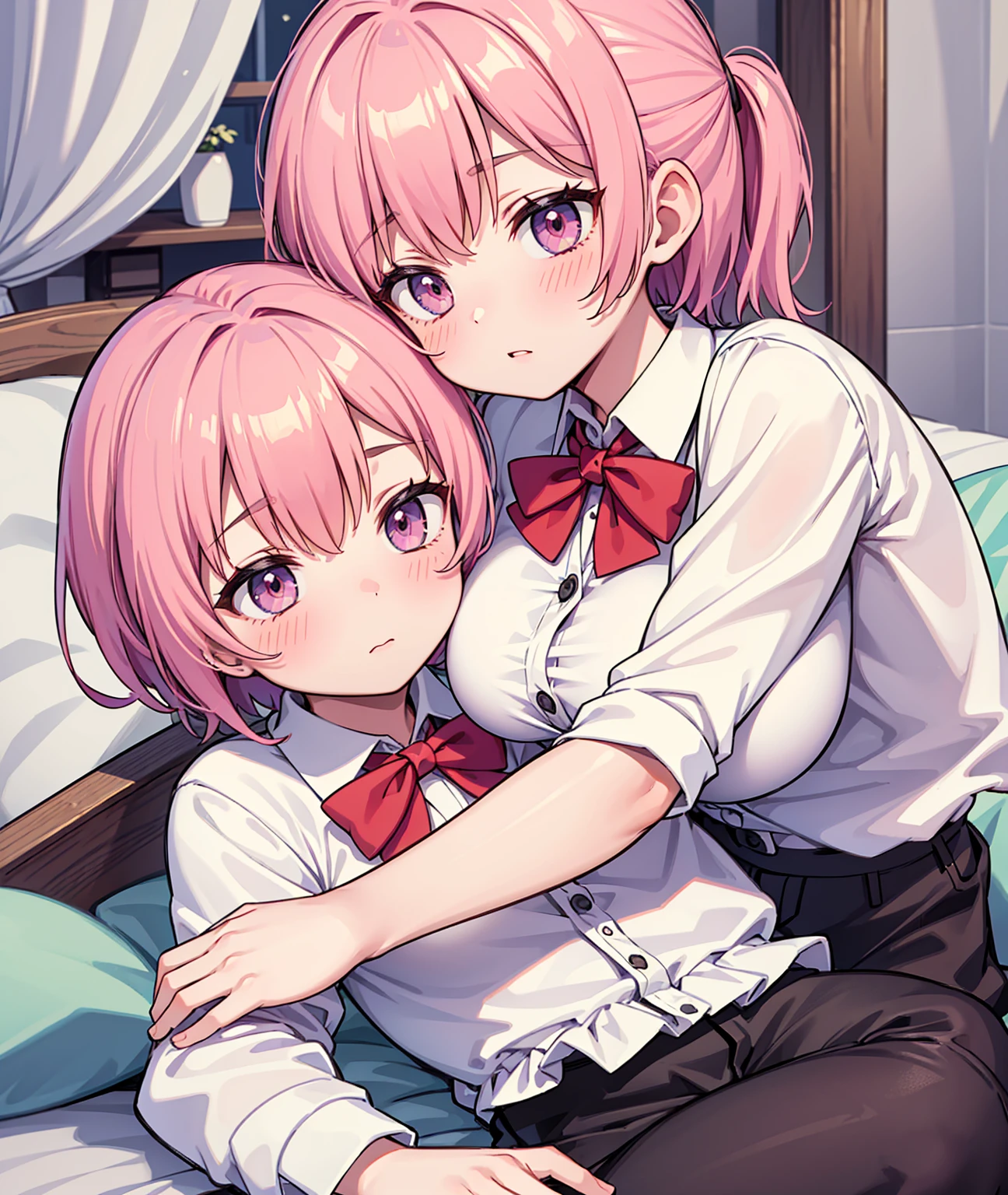 masterpiece, Highest quality, so beautiful, absurdists,High resolution,One girl, One boy,Cuddling in bed, like,sexly,Look at each one, blush,Age difference,bow tie,blondes,chest,Long Hair,Pink Hair,Tucked in shirt,short hair,skirt,Tent shirt,Slut,Big breasted sister and brother,Siblings, trousers,Pushing her big tits against her brother,(My brother's small erect penis),((((姉のHUGE breasts,Sister crushes her big tits in her brother's face)))),((Very large breasts)),small penis,NSFW,潰れた Very large breasts