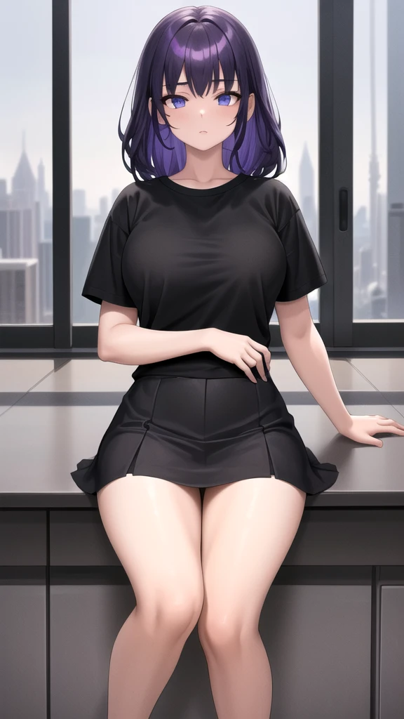 masterpiece, best quality, high quality, ,dark forsest, 1girl, solo, 19-year-old girl,female focus, looking at viewer , purple hair,black T-shirt ,black mini skirt , blue eyes, dare sky