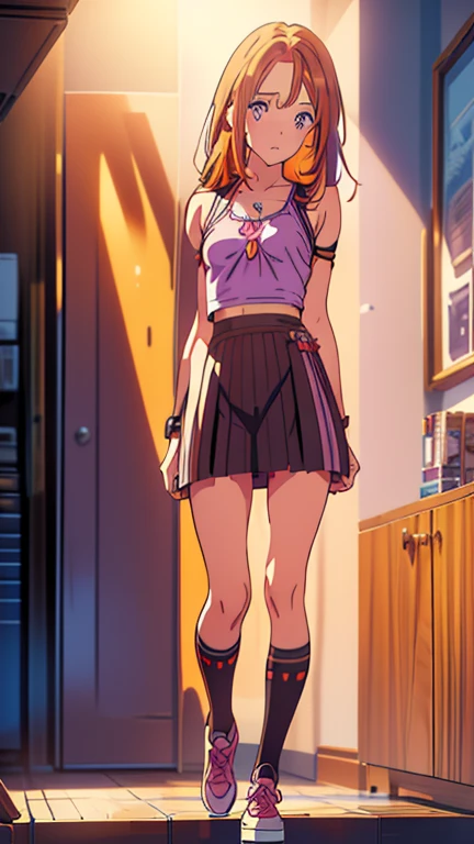 portrait, masterpiece, best quality, pretty teenager girl, lilac eyes, (orange hair), middle hair, hair length to shoulders, hair vents, rocker chic clothes, rocker chic outfit, thin, ((full body)), pretty girl, (small-breasts:1.5), ((small chest)), standing, highschool scenario, (Ultra High Resolution: 1.2), (RAW Photo: 1.2)