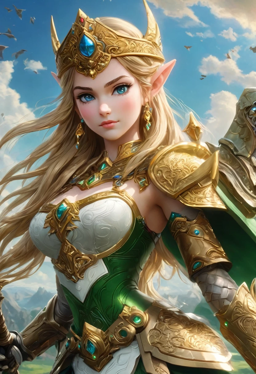 high details, best quality, 16k, [ultra detailed], masterpiece, best quality, (extremely detailed), full body, ultra wide shot, photorealistic, , fantasy art, dnd art, rpg art, realistic art, a wide angle, (((anatomically correct))) a wallpaper of an Princess Zelda, ready for battle with her mount (intense details, Masterpiece, best quality: 1.5),Princess Zelda (intense details, Masterpiece, best quality: 1.5), ultra detailed face, ultra feminine, fair skin, exquisite beauty, gold hair, long hair, wavy hair, small pointed ears, dynamic eyes color, wearing heavy green and white mech armor, shinning metal, armed with elven sword, green meadows, blue skies background and some clouds background depth of field (intricate details, Masterpiece, best quality: 1.5), full body (intricate details, Masterpiece, best quality: 1.5), high details, best quality, highres, ultra wide angle, Mechanical Creatures