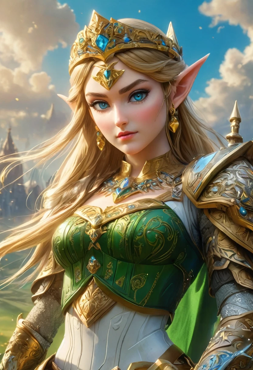 high details, best quality, 16k, [ultra detailed], masterpiece, best quality, (extremely detailed), full body, ultra wide shot, photorealistic, , fantasy art, dnd art, rpg art, realistic art, a wide angle, (((anatomically correct))) a wallpaper of an Princess Zelda, ready for battle with her mount (intense details, Masterpiece, best quality: 1.5),Princess Zelda (intense details, Masterpiece, best quality: 1.5), ultra detailed face, ultra feminine, fair skin, exquisite beauty, gold hair, long hair, wavy hair, small pointed ears, dynamic eyes color, wearing heavy green and white mech armor, shinning metal, armed with elven sword, green meadows, blue skies background and some clouds background depth of field (intricate details, Masterpiece, best quality: 1.5), full body (intricate details, Masterpiece, best quality: 1.5), high details, best quality, highres, ultra wide angle, Mechanical Creatures