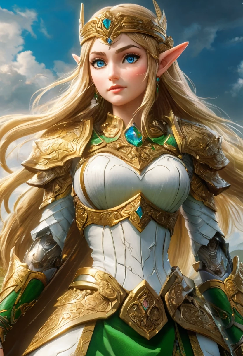 high details, best quality, 16k, [ultra detailed], masterpiece, best quality, (extremely detailed), full body, ultra wide shot, photorealistic, , fantasy art, dnd art, rpg art, realistic art, a wide angle, (((anatomically correct))) a wallpaper of an Princess Zelda, ready for battle with her mount (intense details, Masterpiece, best quality: 1.5),Princess Zelda (intense details, Masterpiece, best quality: 1.5), ultra detailed face, ultra feminine, fair skin, exquisite beauty, gold hair, long hair, wavy hair, small pointed ears, dynamic eyes color, wearing heavy green and white mech armor, shinning metal, armed with elven sword, green meadows, blue skies background and some clouds background depth of field (intricate details, Masterpiece, best quality: 1.5), full body (intricate details, Masterpiece, best quality: 1.5), high details, best quality, highres, ultra wide angle, Mechanical Creatures