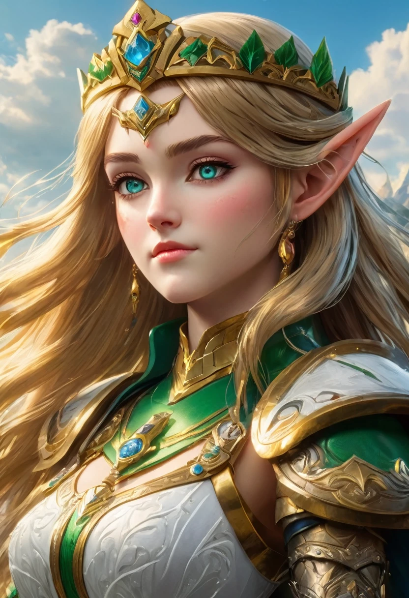 high details, best quality, 16k, [ultra detailed], masterpiece, best quality, (extremely detailed), full body, ultra wide shot, photorealistic, , fantasy art, dnd art, rpg art, realistic art, a wide angle, (((anatomically correct))) a wallpaper of an Princess Zelda, ready for battle with her mount (intense details, Masterpiece, best quality: 1.5),Princess Zelda (intense details, Masterpiece, best quality: 1.5), ultra detailed face, ultra feminine, fair skin, exquisite beauty, gold hair, long hair, wavy hair, small pointed ears, dynamic eyes color, wearing heavy green and white mech armor, shinning metal, armed with elven sword, green meadows, blue skies background and some clouds background depth of field (intricate details, Masterpiece, best quality: 1.5), full body (intricate details, Masterpiece, best quality: 1.5), high details, best quality, highres, ultra wide angle, Mechanical Creatures