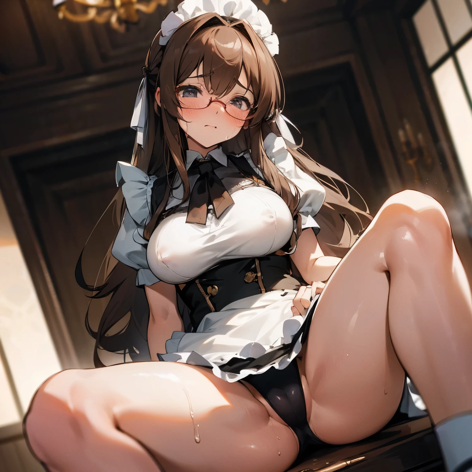 A realm of unparalleled visual fidelity、Experience 8K masterpieces with the highest resolution and detail。Maid clotheasturbation。Her long brown hair flows down to her shoulders。It highlights her captivating grey eyes..。Her facial skin is beautifully reflective.、Enhances every wrinkle and curve。Large Breastsと繊細な衣装のコントラストが美しい.、シースルーの白いブラウスのMaid clothes。It creates an enchanting atmosphere。The thin silver-rimmed glasses shine beautifully...、Her cheeks turned red、Look at me with embarrassed eyes。She was sweating a little and、、、Beautiful charm is emphasized。Captivating thighs。Large Breasts。Red cheeks。sweating。Create an atmosphere of embarrassment。Spread your legs wide。Wet thighs。She is caressing her nipples with her fingertips。