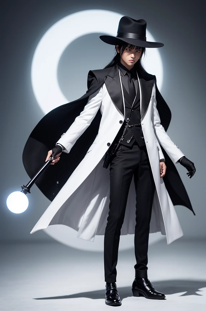 Height: high Footwear : black pants : black with small white stripes Upper clothing : overcoat suit Hat: stylish black Face : white with small nose and white eyes Details in clothes : three white spheres Weapon: a sword
