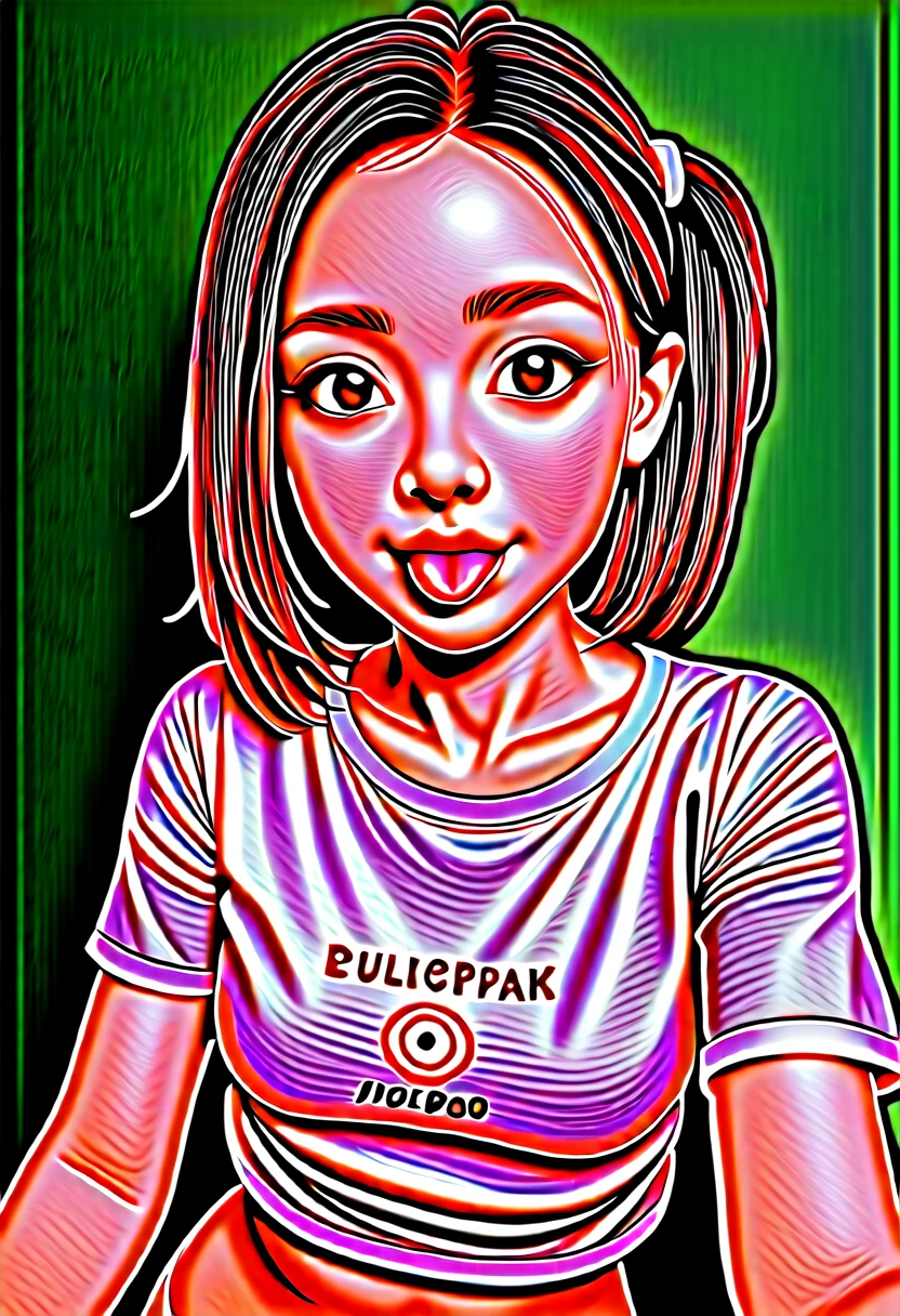pastel colors t-shirt,off-shoulder look,bare shoulder,ollarbone,midriff peek,string panties,(open mouth:1.5),(tongue out:2),lying,Selfie,front view,upper body,(1girl,Beautiful 14 year old girl),((Slender,Small breasts,Small face,)),(looking at viewer),Black Hair,bangs,one side up,Beautiful and detailed,(Dimly lit room:1.5),Simple Background,White bed,pillow,Mischievous smile
