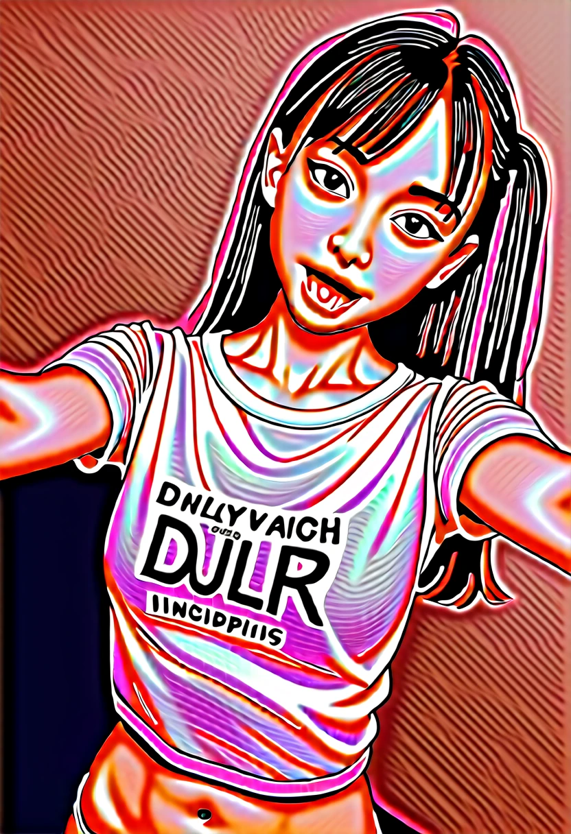 pastel colors t-shirt,off-shoulder look,bare shoulder,ollarbone,midriff peek,string panties,(open mouth:1.5),(tongue out:2),lying,Selfie,front view,upper body,(1girl,Beautiful 14 year old girl),((Slender,Small breasts,Small face,)),(looking at viewer),Black Hair,bangs,one side up,Beautiful and detailed,(Dimly lit room:1.5),Simple Background,White bed,pillow,Mischievous smile
