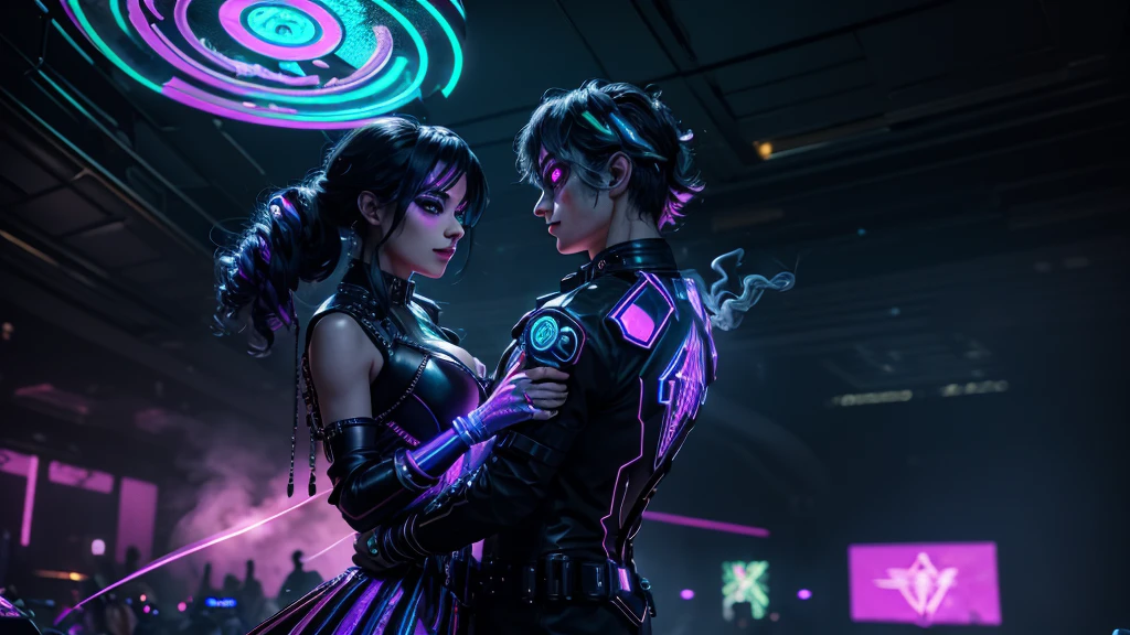 A digital masterpiece, ultra quality, gamer guy and anime girl, Art cyberpunk, Beautiful art, more neon, virtual monitors, A video game
