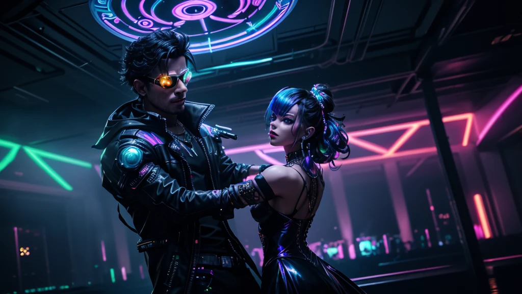 cyberpunk masquerade couple dancing in a futuristic ballroom, high detail, long shot, wide shot, 4K, 3D, REALISTIC, (iridescent glow smoke), UHD, 32K, very bold neon colors, black light, neon light