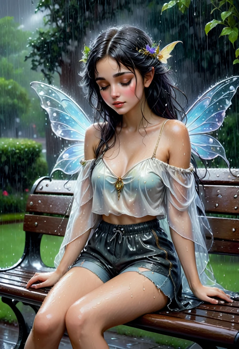 absolute celestial otherworldly (fairy) sitting on park bench in the rain. loving beauty, pretty less clothes, short shorts, female with visible chest, pretty, alluring, closed eyes, pleasure, realistic oil paintings, spiritual, Royo, romanticism, mysterious, dark hair