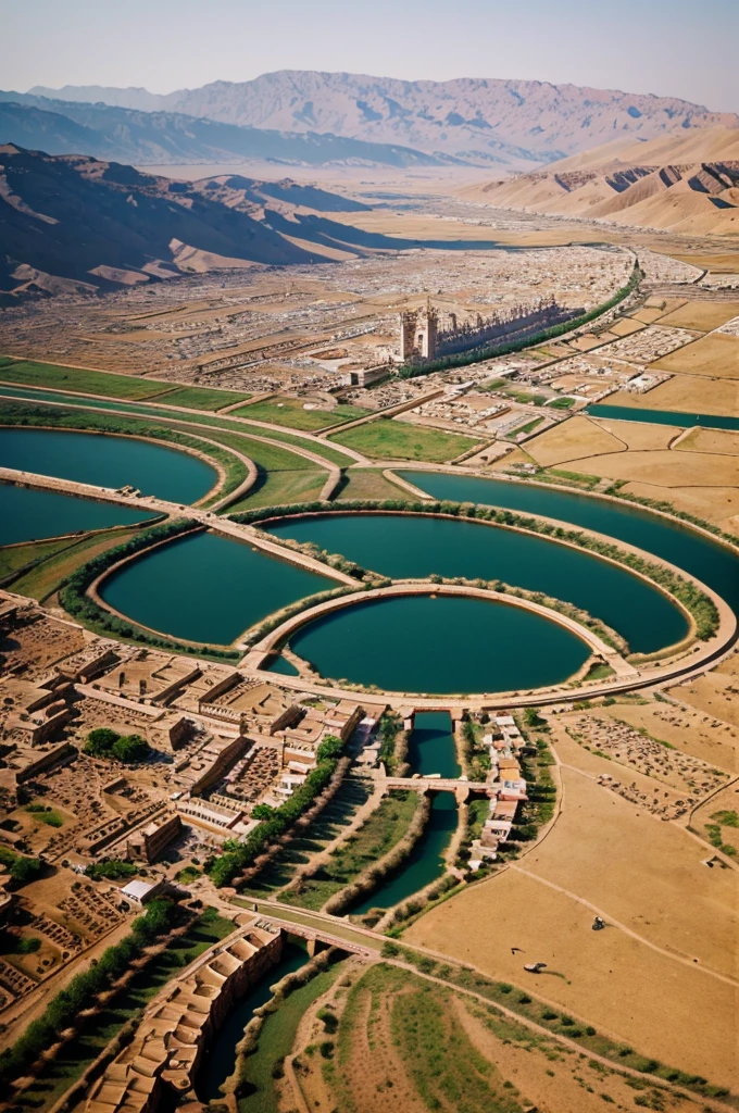 A Birds Eye view of an ancient city with fields full of horses, and valleys full of camels and cows. Flowing streams with rich agriculture. Grand houses at ground level. A temple at the centre of the city. Extravagant palaces with lofty towers built on the tops of surrounding mountains.