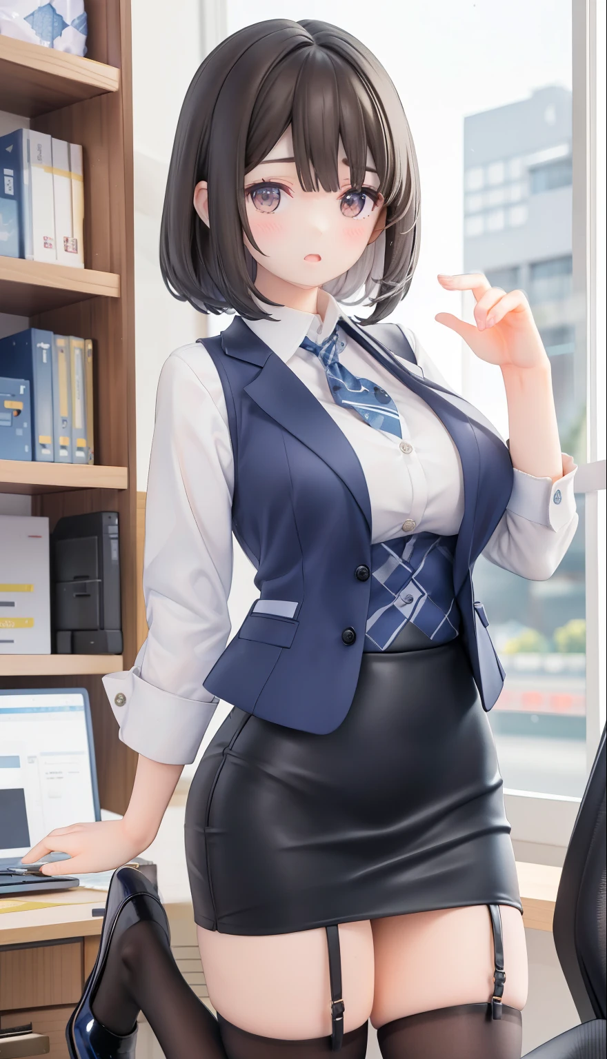 highest quality, Flying debris、Beautiful woman、officeレディー、Black Hair、(Brown eyes、Big Breasts、Blunt bangs)、short hair、チェック柄のダークブルーのofficeスーツ)、new employee,Full Body Shot、Female office lady、break(Dark blue checked vest、White dress shirt、Navy blue long tight pencil skirt:1.2)、(Black Knee High、High heels)、break(office:1.3)、Cleavage、Shirt buttons fly off、garter belt