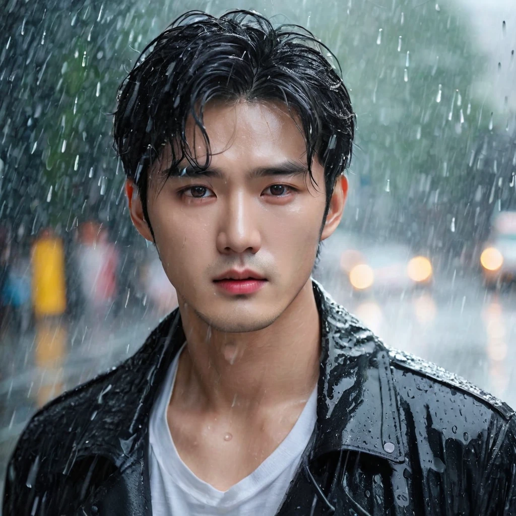 in a bustling city,cold rain,A handsome korean man stands alone in the rain,His eyes are confused,The expression is sad,Gloomy eyes, and strong, The rain washed over his cheeks。He insists on waiting,Believe that the one you love will come back。