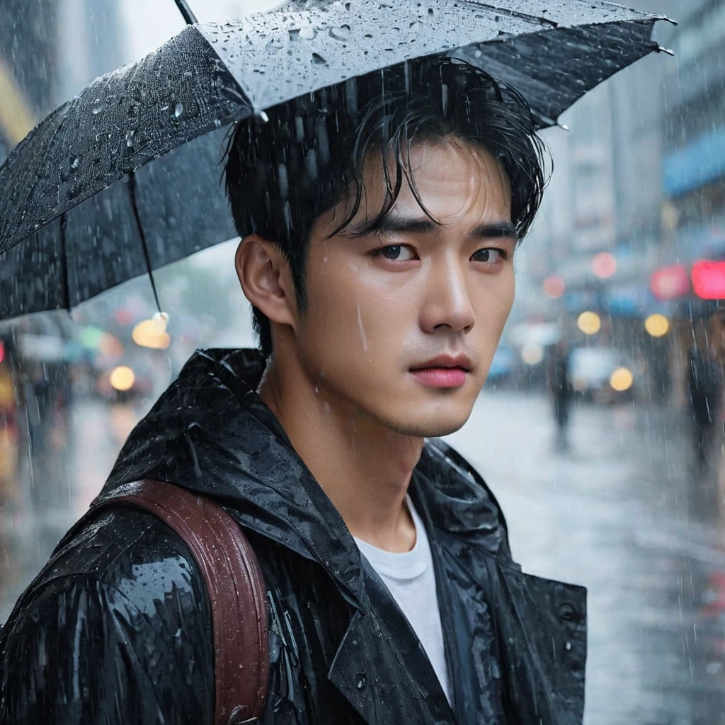 in a bustling city，cold rain，A handsome korean man stands alone in the rain，His eyes are confused，The expression is sad，Gloomy eyes， and strong, The rain washed over his cheeks。He insists on waiting，Believe that the one you love will come back。