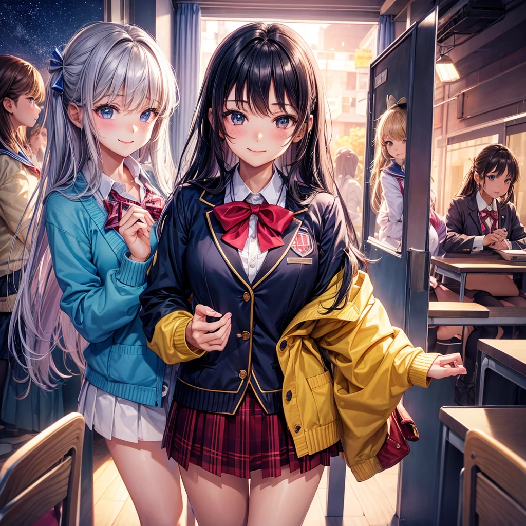 best quality，，smile，blazer，swimsuit，nepal，School，classroom，High-dimensional beautiful girl，Multidimensional beautiful girl，Several girls are depicted，They are hugging each other，Colorful，Different world，Collective of girls，JK，A girl taking off her uniform，future，Sexy and cute，New generation，futureの制服，Ribbon on uniform，Evolution of fashion，middle School girlultiple girls are depicted,harem，idol group，starry sky background，photo shoot，long hair，wearing a cardigan，beautiful girlの国，girl&#39;s paradise，highest quality，big breasts，leather jacket，happy girl,horny girl，Blue eyes，perfect face，standing position，She has her bangs down，fur jacket,Beautiful eyes，smooth hair，perfect eyes，beautiful girl，Angel，Angel Girl，multicolored hair colors，naughty girl，beautiful，High-dimensional beautiful girl，Multidimensional beautiful girl，hoodie，leather jacket，gathering，Group、，
