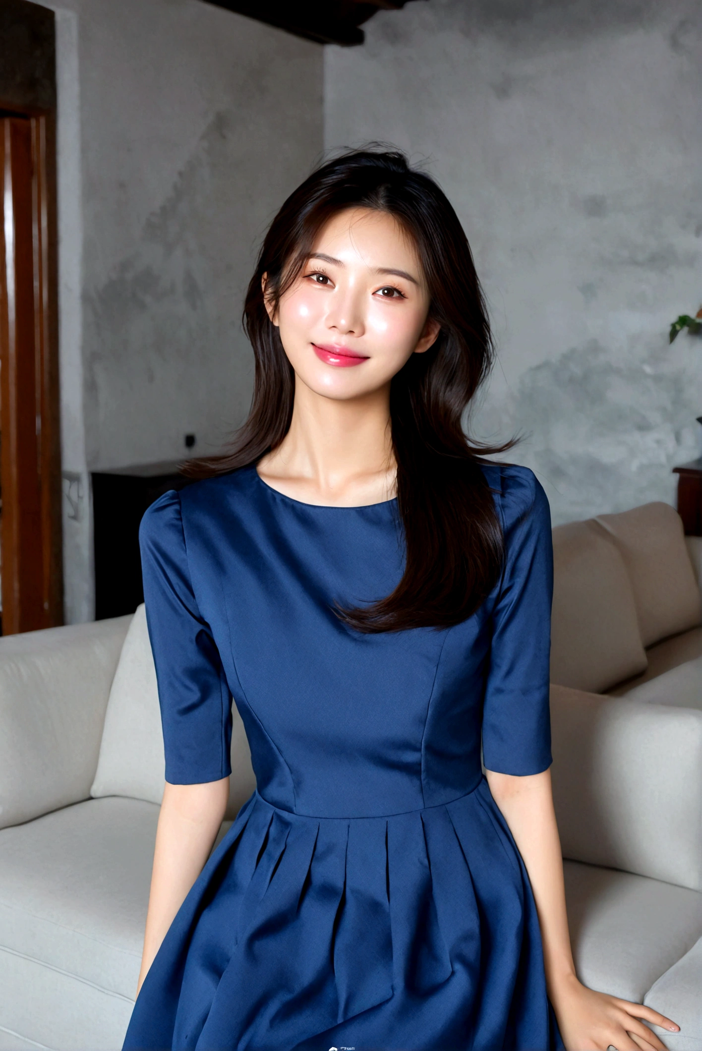 beautiful korean girl , 32 inch chest size, Your eyes are big and pretty. In the living room of a luxury mansion . medium hair, laugh, uhd