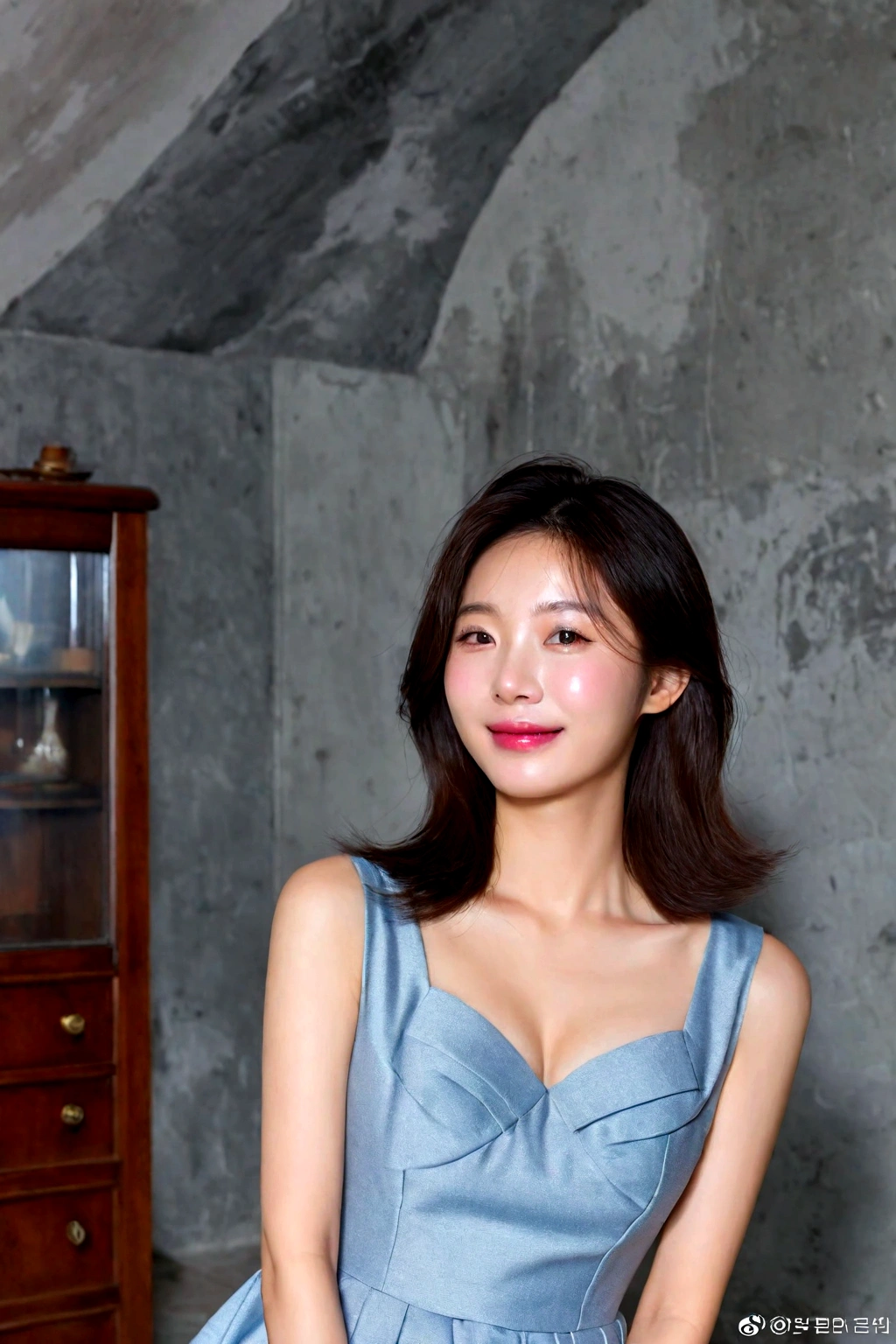 beautiful korean girl , 32 inch chest size, Your eyes are big and pretty. In the living room of a luxury mansion . medium hair, laugh, uhd