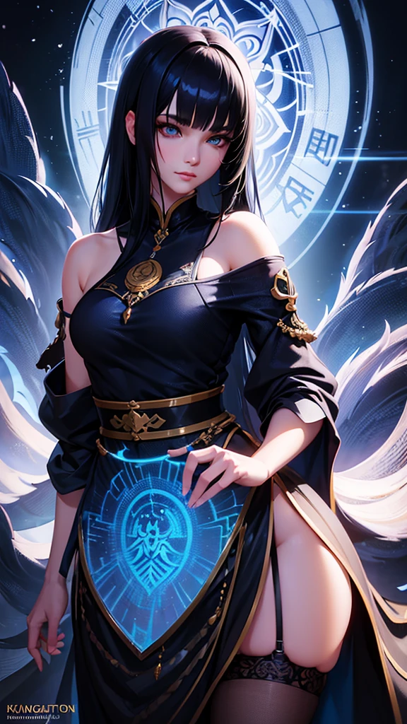 a kitsune girl,beautiful detailed blue eyes,long black hair with bangs,casual clothing,intricate detailed face,highly detailed,8k,photorealistic,cinematic lighting,digital painting,fantasy,artstation,trending on artstation