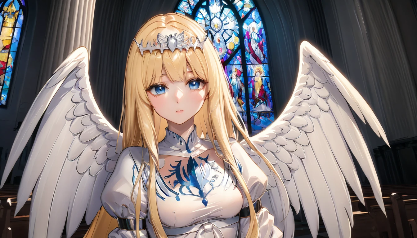 masterpiece,ultra-detailed,best quality,8K,illustration,simple background,,clean skin ,shiny hair,girl,ultra-detailed-eyes, jyojifuku, pajamas,wool,  1angel,solo, calca, blonde hair, ,( extremely long hair:1.3), very long hair, extra long hair, white tiara, white dress, blue eyes,Calca Bessarez, medium breast,Calca, indoor, church, cathedral, stained glass, close up, upper body, very large white wings, angel feature wings, halo