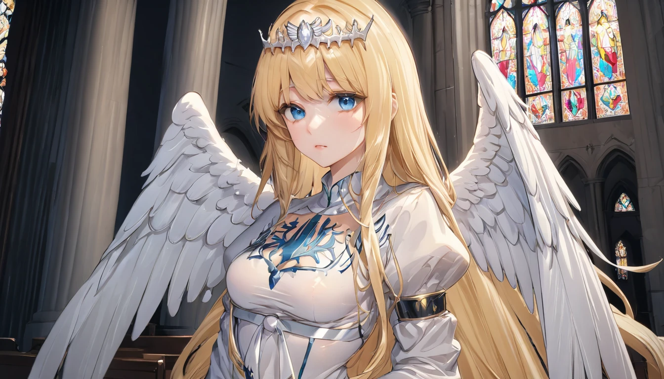 masterpiece,ultra-detailed,best quality,8K,illustration,simple background,,clean skin ,shiny hair,girl,ultra-detailed-eyes, jyojifuku, pajamas,wool, 1angel,solo, calca, blonde hair, ,( extremely long hair:1.3), very long hair, extra long hair, white tiara, white dress, blue eyes,Calca Bessarez, medium breast,Calca, indoor, church, cathedral, stained glass, close up, upper body, very large white wings, angel feature wings, halo