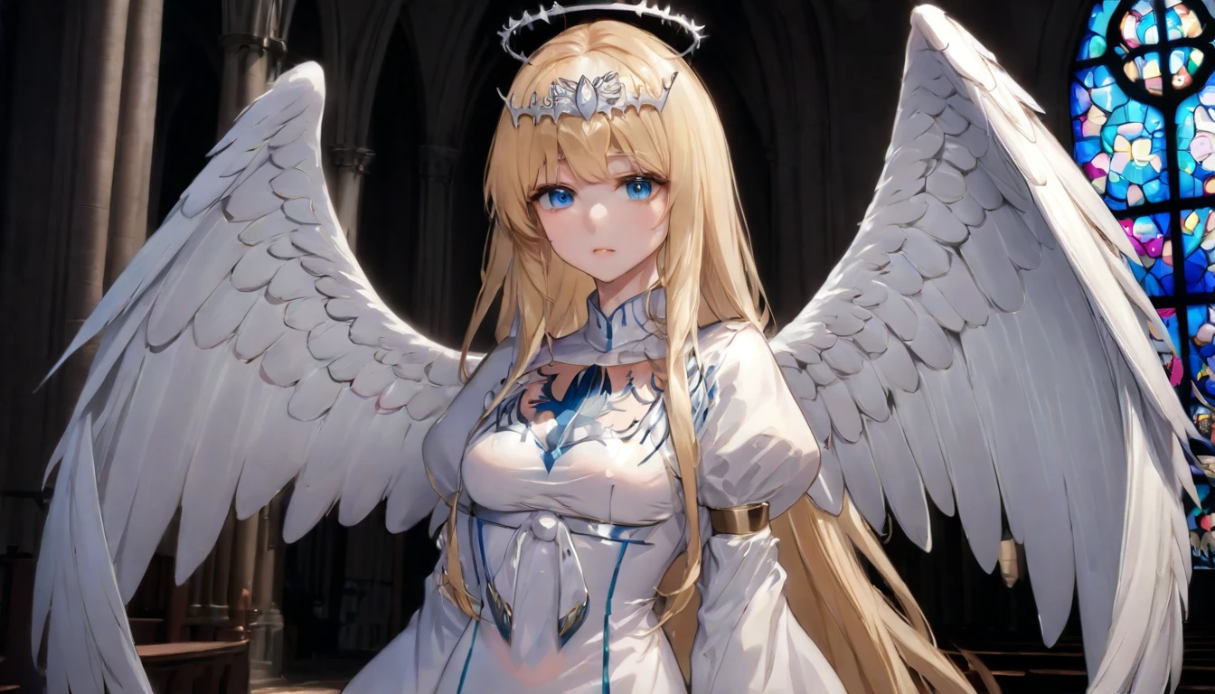 masterpiece,ultra-detailed,best quality,8K,illustration,simple background,,clean skin ,shiny hair,girl,ultra-detailed-eyes, jyojifuku, pajamas,wool, 1angel,solo, calca, blonde hair, ,( extremely long hair:1.3), very long hair, extra long hair, white tiara, white dress, blue eyes,Calca Bessarez, medium breast,Calca, indoor, church, cathedral, stained glass, close up, upper body, very large white wings, angel feature wings, halo