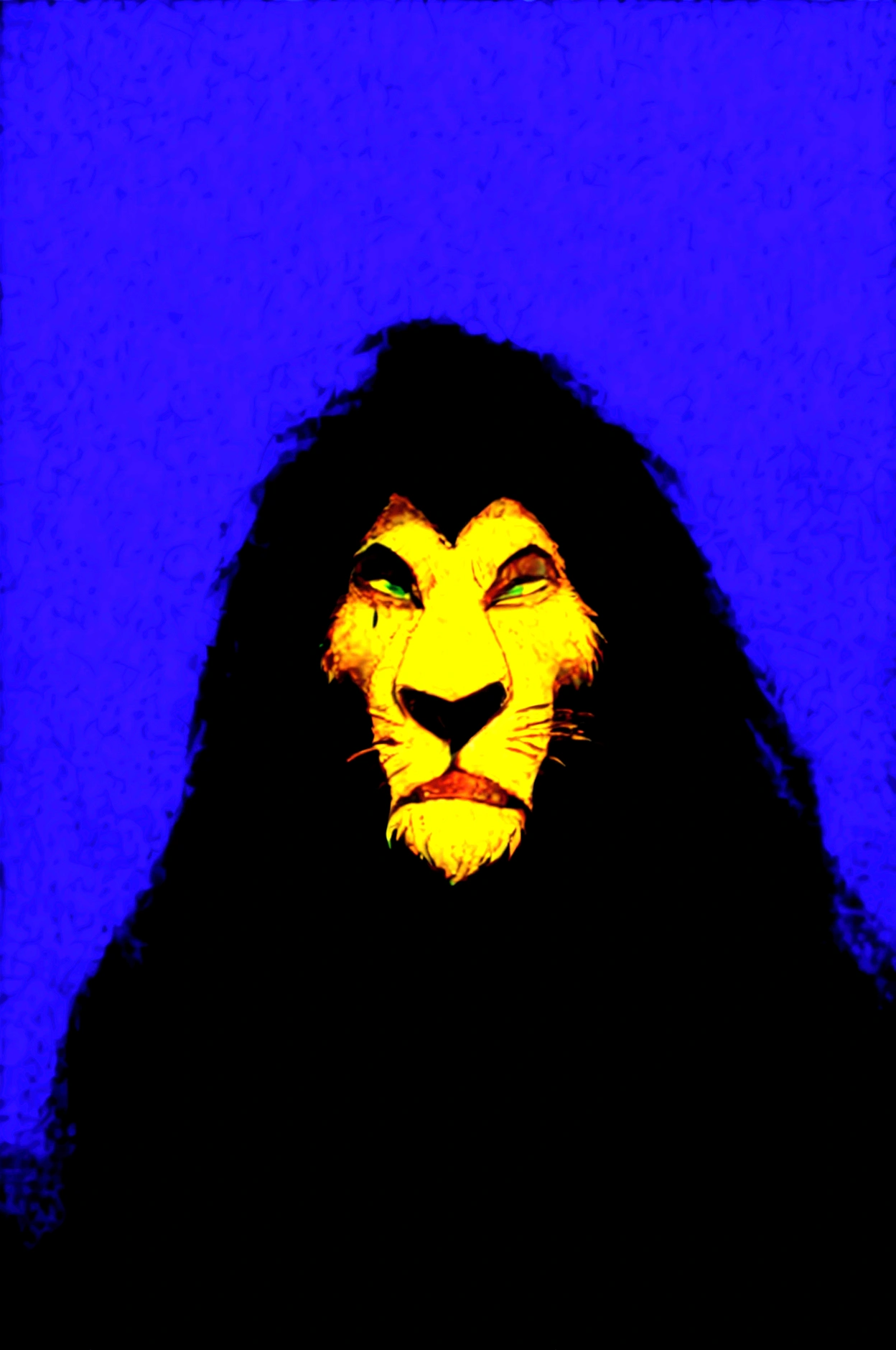 Stylised animated illustration depicting the character Scar from the 1994 Disney film "The Lion King". The character is depicted as a lion with a dark mane and piercing green eyes, his facial expression is slightly menacing with a wide grin exposing sharp teeth. The background depicts a night landscape and a hint of green wildlife below, suggesting a mysterious and dangerous atmosphere. The illustration style is reminiscent of the work of artist Chris Sanders, with a unique and engaging interpretation of a classic Disney character.