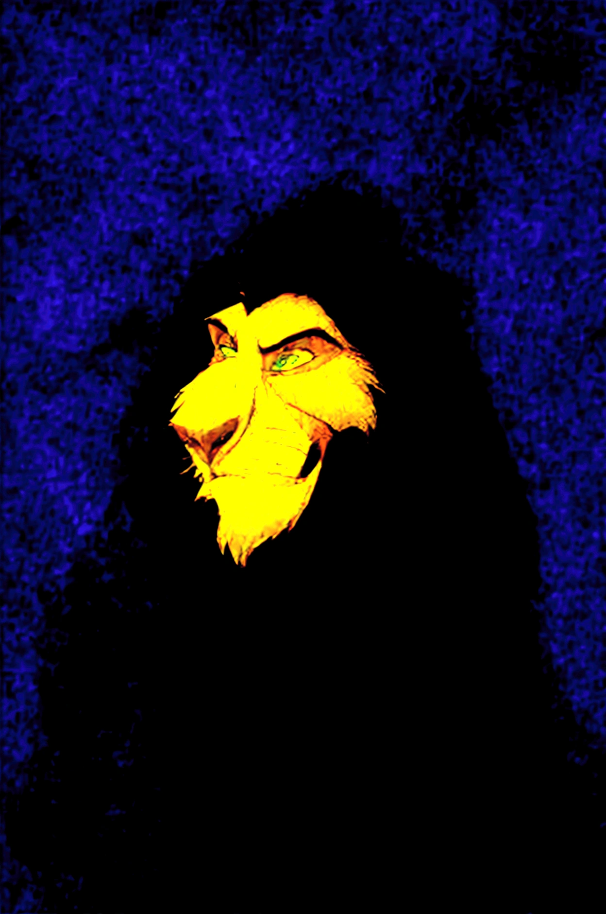 Stylised animated illustration depicting the character Scar from the 1994 Disney film "The Lion King". The character is depicted as a lion with a dark mane and piercing green eyes, his facial expression is slightly menacing with a wide grin exposing sharp teeth. The background depicts a night landscape and a hint of green wildlife below, suggesting a mysterious and dangerous atmosphere. The illustration style is reminiscent of the work of artist Chris Sanders, with a unique and engaging interpretation of a classic Disney character.