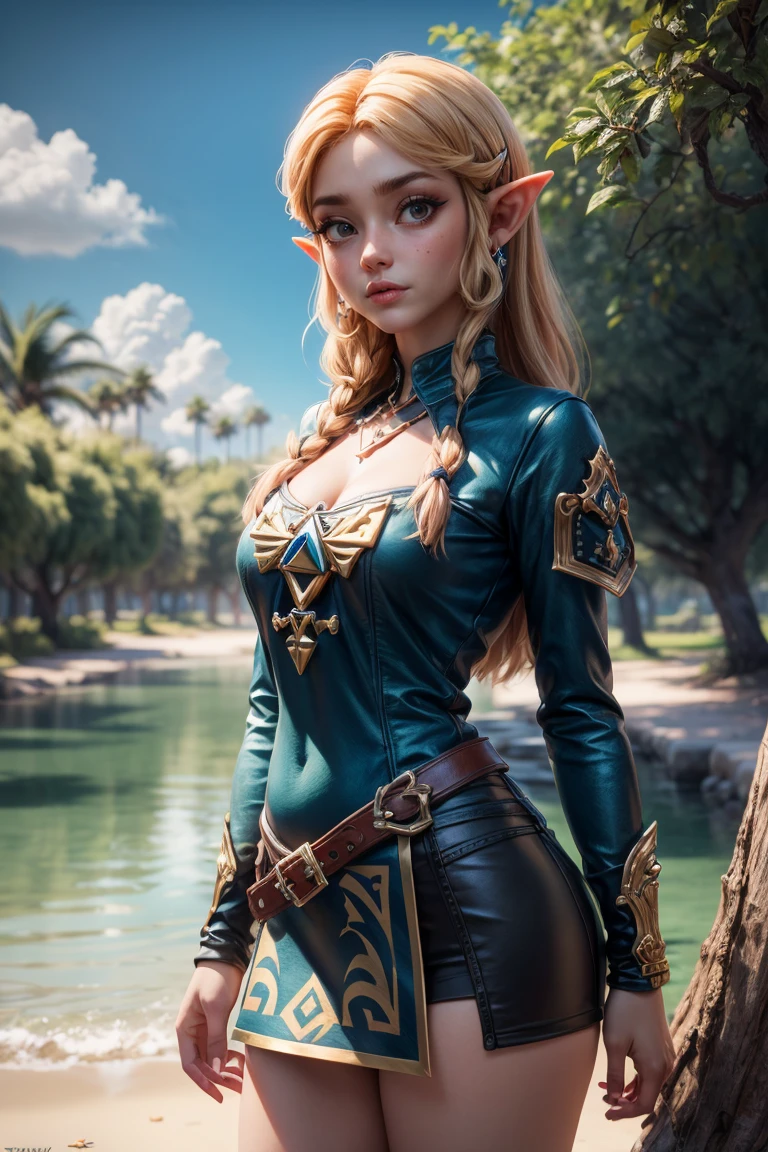 masterpiece, best quality, (Very detailed CG Unity 8k wallpaper) (best quality), 3DMM, Princess Zelda,cowboy_shot,looking_at_the viewer,(Best shadow) Vibrant colors, jungle, water, Natural Beauty, An oasis of tranquility , Cherry tree, Blue Sky Ray Tracing, Super detailed
