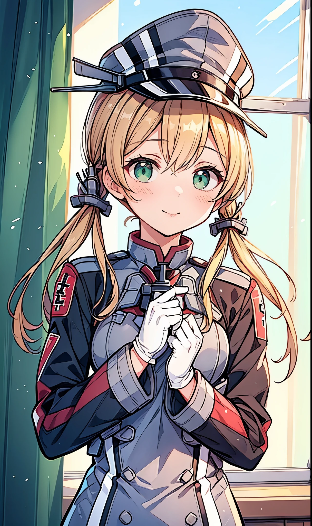 (masterpiece, best quality,illustration,8k,hd:1.5),1girl,solo,light smile,out door,looking at viewer,(upper body:1.5),shoot from front,(looking at viewer),indoor office,(finger to mouth:1.2),prinz eugen \(kancolle\), green eyes, anchor hair ornament, peaked cap, hat ornament, military uniform, iron cross, long sleeves,blonde hair,twintails,hair ornament,military uniform,anchor hair ornament,peaked cap,white gloves,low twintails,iron cross,breasts,long sleeves,military hat,long hair,green eyes,aqua eyes,(small chest:1.2)