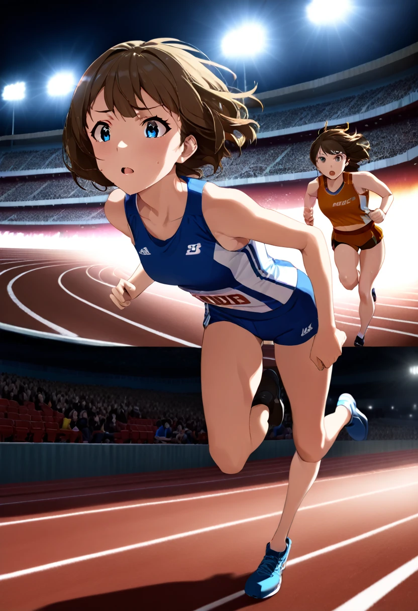 Girl athlete racing 100 meter run at the track and field stadium, Flowing brown short hair,blue eyes, Sleek and aerodynamic running wear, intense expression, Several female athletes compete in a heated race, Dynamic Motion Blur, A low-angle view, from front, Cinema Lighting, Vibrant colors, (Highest quality,4K,8K,High resolution,masterpiece:1.2),Super detailed,Very detailed face and eyes, Beautiful lip detail,Very detailed, hyper Realistic, Professional photography, Cinema Lighting, Dynamic action scenes, Wonderful landscape
