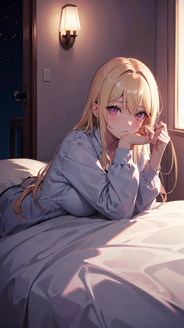 Adult woman, pink eyes, blonde hair, depression, night, bedroom