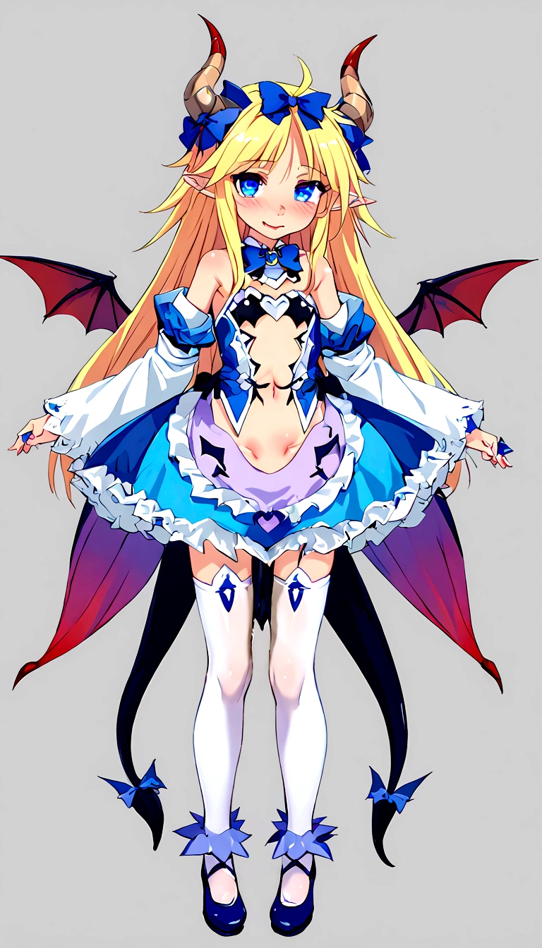 Anime. Monster Girl Encyclopedia. Alice.1 Girl. Lovely girl. . . Baby. Succubus Clumsy. Blonde. Long hair. Blue eyes. Beautiful eyes. Perfect eyes. Expressive eyes. Ideal face. . Small breasts. Flat chest. Pointy ears. Ideal anatomical body. Succubus horns. Wings of a succubus. Succubus tail with a heart tip. Cold. Runny nose. Snot flows from the nose. Blue and white children's dress from Alice in Wonderland. bows on the horns. White stockings. Shoes. Standing. Standing at full height. Standing in the forest. Standing in the middle of the forest. Beautiful character design. Shiny skin. Full body. nsfw. Scat. Official art. Extremely detailed CG Unity 8k wallpaper. Ideal lighting. Ultra high resolution 4K. Super detailed 8K. A high resolution.