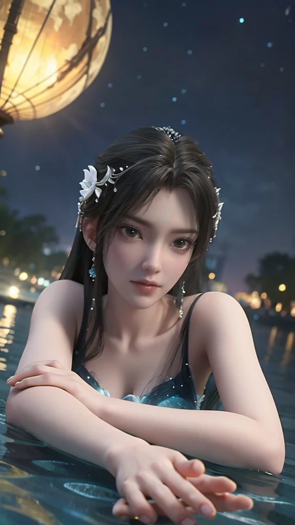 A girl lying on the bed under the stars, delicate smile, beautiful delicate eyes, beautiful delicate lips, extremely delicate face and eyes, long eyelashes, sexy body, flowing hair, best picture quality, famous works, ultra high resolution, (realistic :1.4), RAW photos, (Beautiful face :1.2), (Lying on the water :1.5), 1 girl, (Surreal), (8K), (4K), physical rendering, starry sky, ((full body shot)), barefoot, cross-legged, wearing a dress, long skirt
