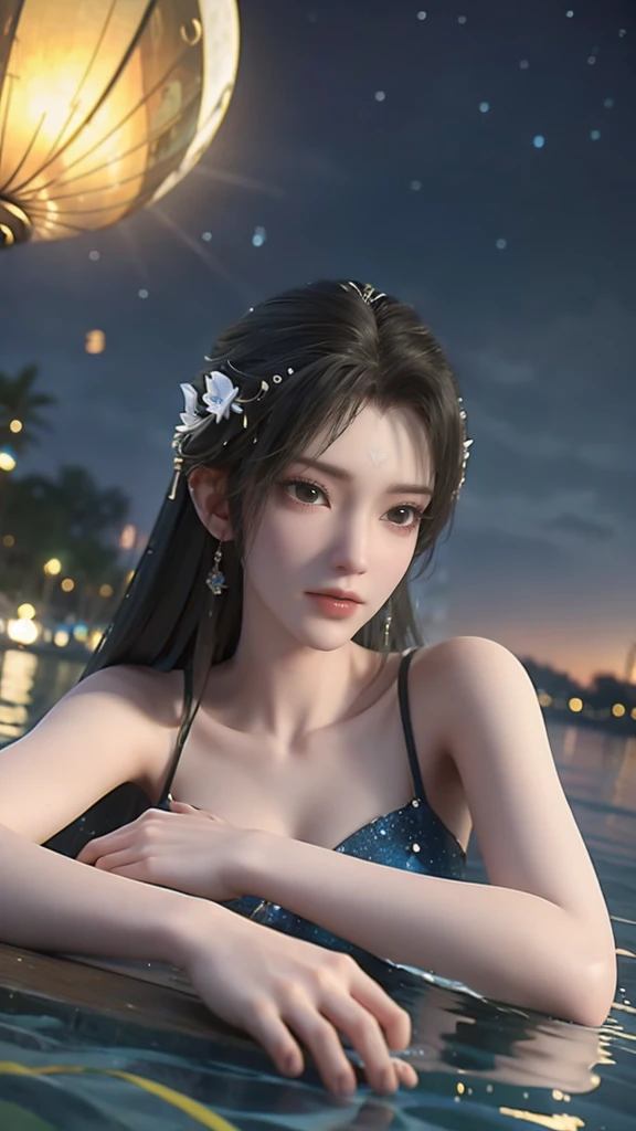 A girl lying on the bed under the stars, delicate smile, beautiful delicate eyes, beautiful delicate lips, extremely delicate face and eyes, long eyelashes, sexy body, flowing hair, best picture quality, famous works, ultra high resolution, (realistic :1.4), RAW photos, (Beautiful face :1.2), (Lying on the water :1.5), 1 girl, (Surreal), (8K), (4K), physical rendering, starry sky, ((full body shot)), barefoot, cross-legged, wearing a dress, long skirt
