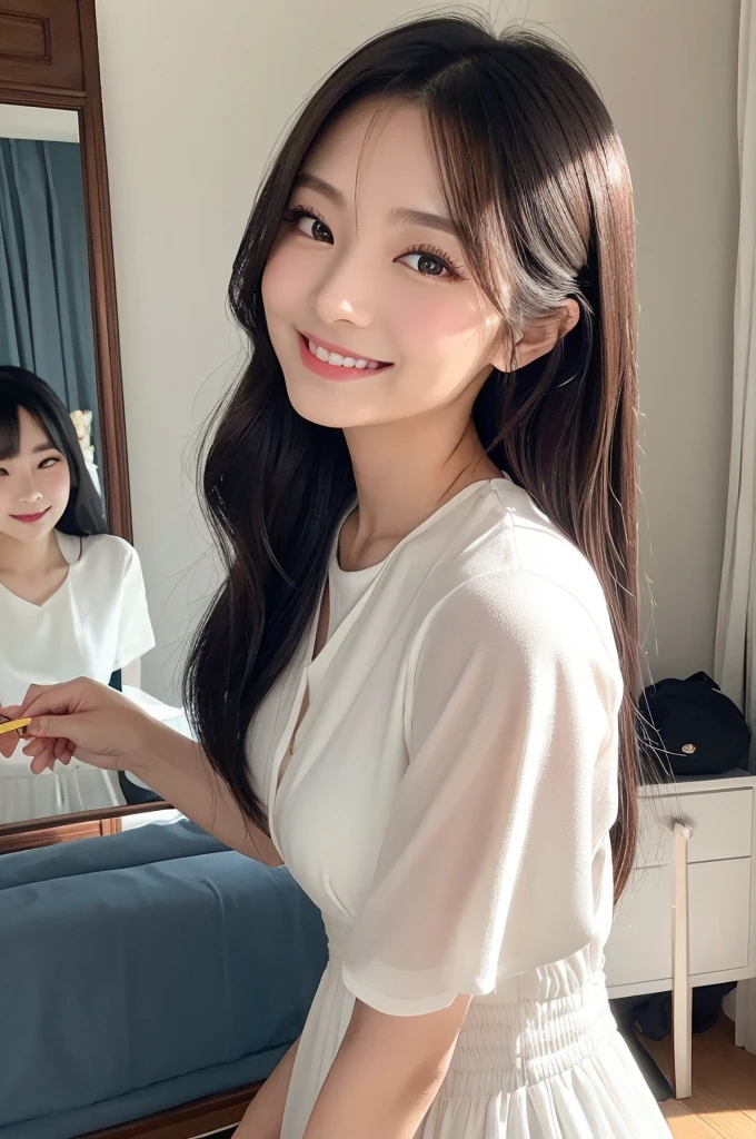 Having long flowing hair、Very Beautiful Japan Woman。She is wearing a white short-sleeved dress、She has striking bluish-black eyes and a bright smile.、Applying makeup。In the background is a bright room with a dresser。
The image style is realistic.、It adds a touch of glamour.。